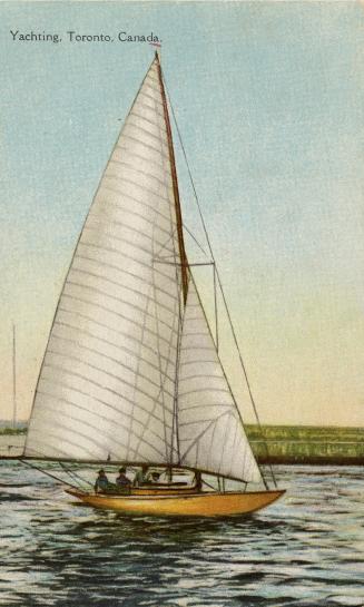 Colorized photograph of a sailboat in the water in front of a large city.