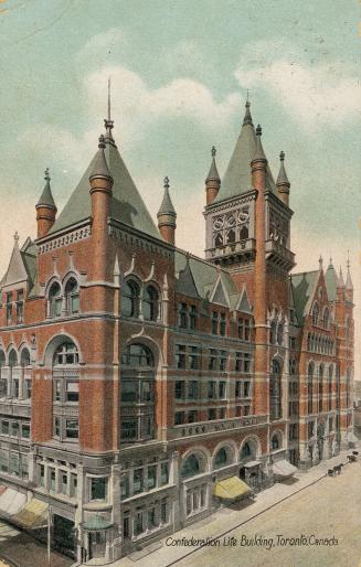 Colorized photograph of a huge Richardsonian Romanesque building.