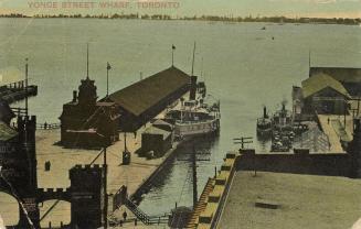 Colorized photograph of a boat moored at a dock on a large lake.