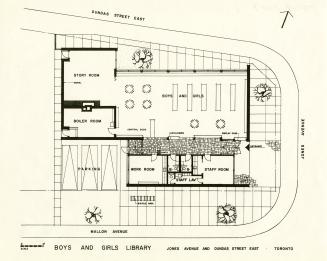 Floor plan of one storey library building. 