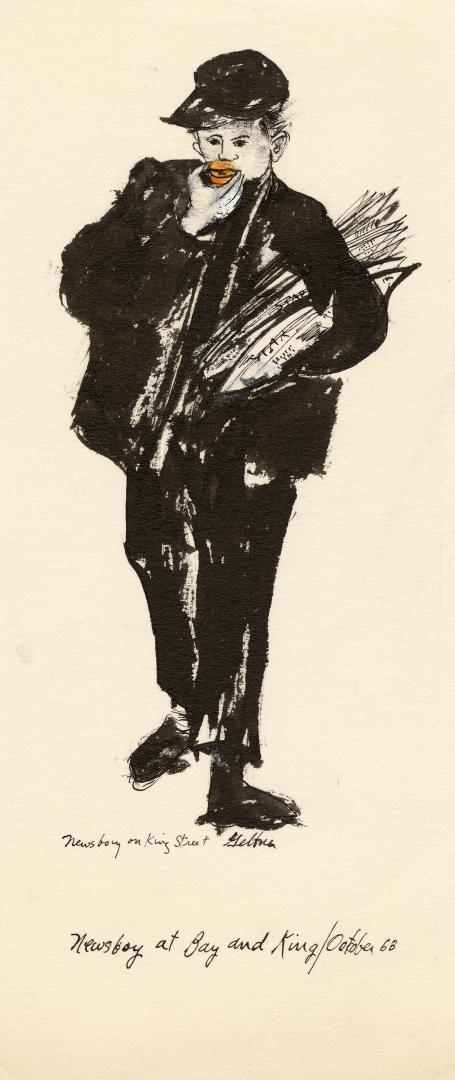 An ink and watercolour illustration of a newspaper delivery boy. He is carrying a stack of news…