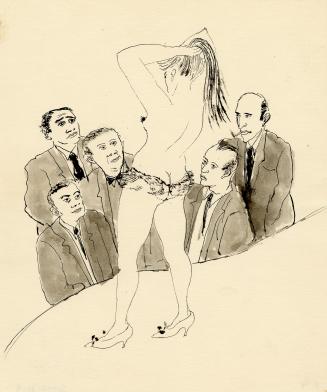 An ink and watercolour illustration of five men watching a female burlesque performer standing …