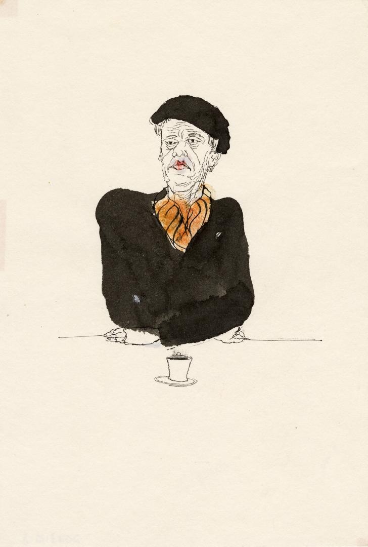 An ink and watercolour illustration of a person sitting at a counter with their hands crossed i…