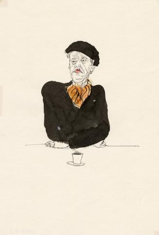 An ink and watercolour illustration of a person sitting at a counter with their hands crossed i…
