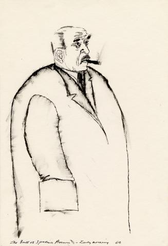 An ink illustration of a man smoking a cigar and wearing a long jacket. He has his hands in the ...