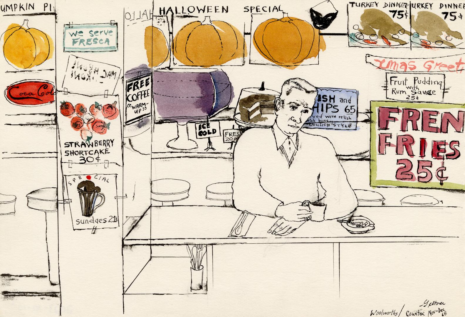 An ink and watercolur illustration of a man sitting at the counter of a diner. He is holding a  ...