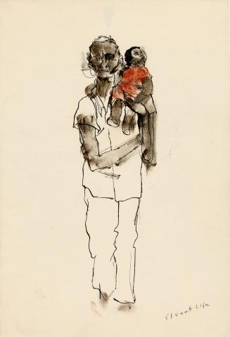 An ink and watercolour illustration of a person walking and holding a baby on their shoulder. T ...