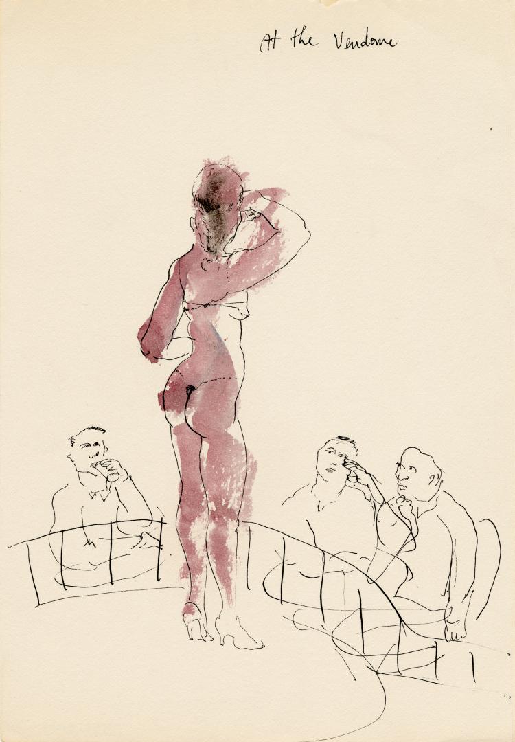 An ink and watercolour illustration of a female burlesque performer on a stage, with three men  ...