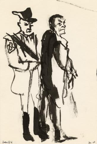 An ink and watercolour illustration of two men standing next to each other. One is wearing a po ...