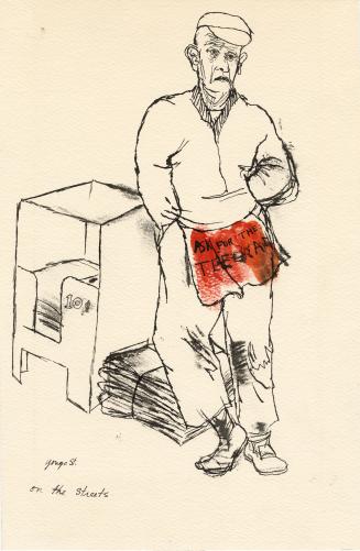 An ink and watercolour illustration of an adult male newspaper vendor leaning against a newspap ...