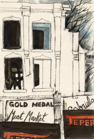 An ink and watercolour illustration of a multi-story building with windows which appear to be b…