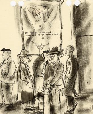 An ink and watercolour illustration of a number of pedestrians walking past a burlesque theatre…