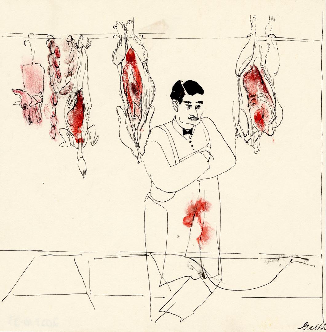 An ink and watercolour illustration of a butcher standing behind a counter. He has a moustache, ...