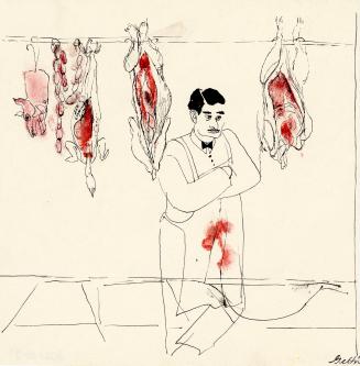 An ink and watercolour illustration of a butcher standing behind a counter. He has a moustache, ...
