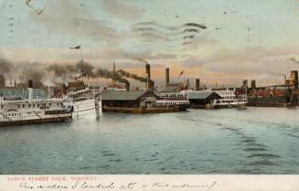 Colorized photograph of steam boats moored in front of busy docks on the shoreline of a large c ...