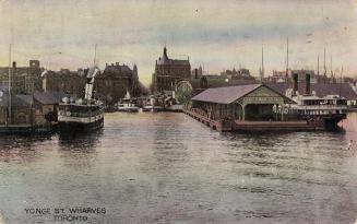 Colorized photograph of busy docks and boats in the water in front of a large city.