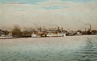 Colorized photograph of steam boats moored in front of busy docks on the shoreline of a large c ...