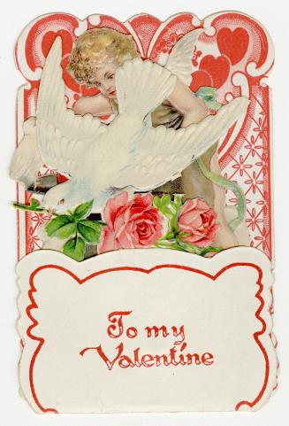 A pop-up card.A dove is pictured holding roses in front of a cherub who's forging two hearts to ...