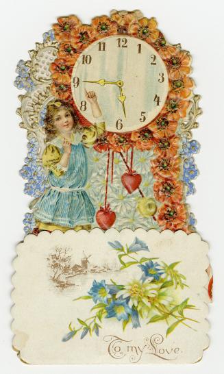 A pop-up card.Foreground: A girl stands next to a clock, pointing to the hands on the clock fac ...