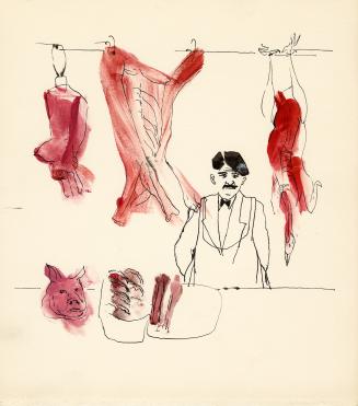 An ink and watercolour illustration of a man standing behind the counter in a butcher's shop. H ...