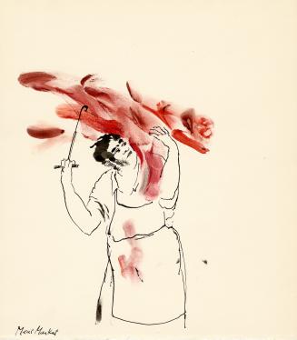 An ink and watercolour illustration of a butcher carrying a large cut of meat over his right sh ...