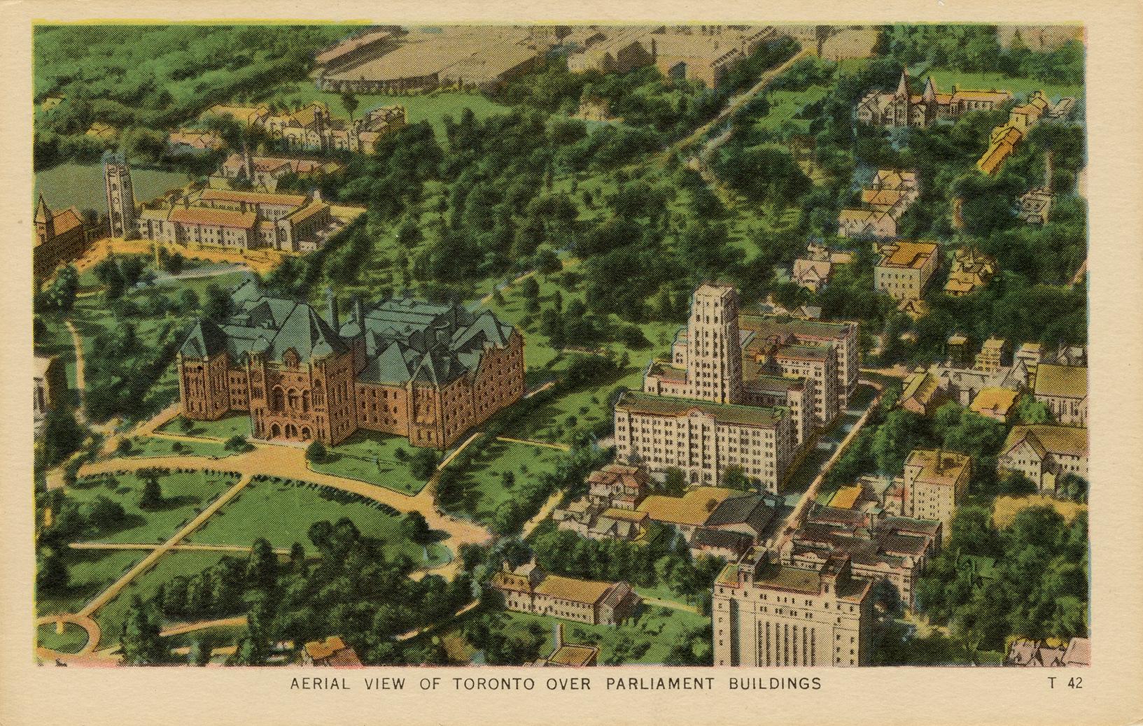 Colorized, aerial photograph of a very large buildings nestled amongst trees.