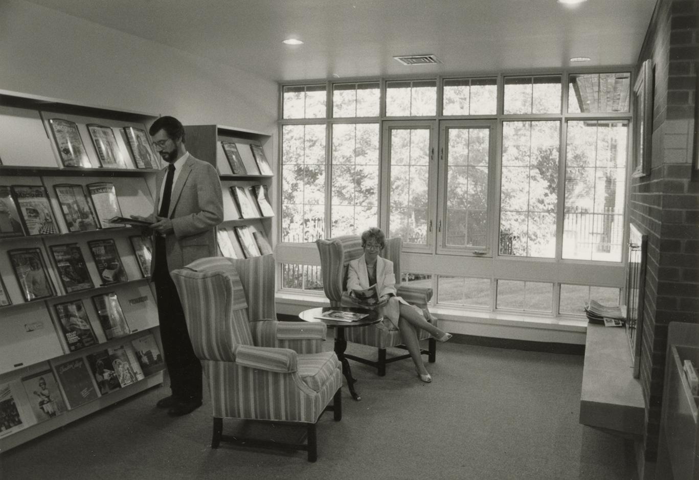 Picture of interior of library showing large window. 