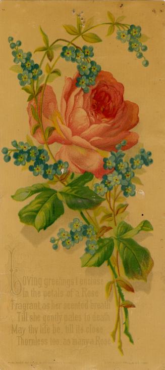 An image of a rose surrounded by smaller, blue flowers. A rhyming verse is written at the botto…