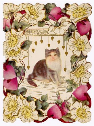 A kitten sits in the centre of the card with small gold hearts hanging above it. It is surround ...