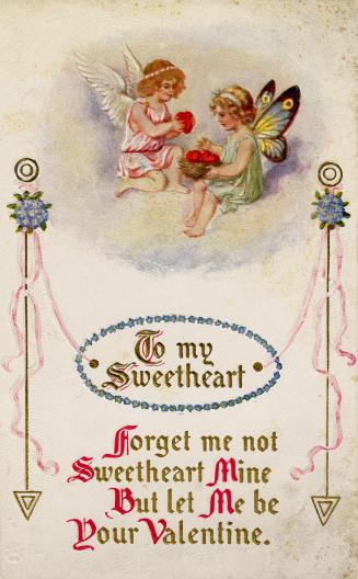 Two winged children play with a basket of hearts in the top half of the card. The lower half co ...