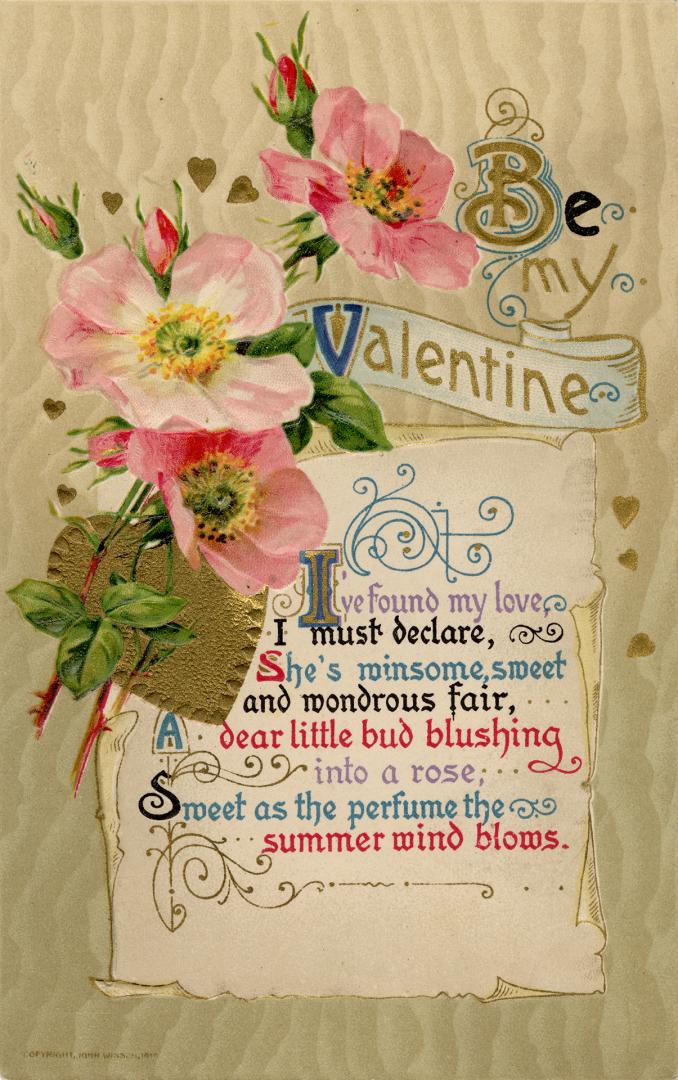 Pink flowers on a beige-gold background with a verse. Printed in Germany.