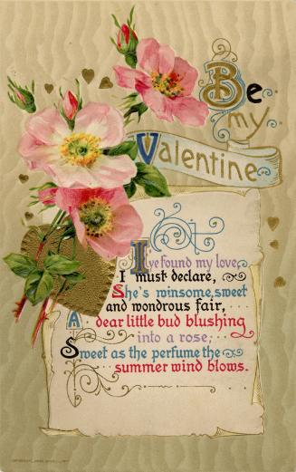 Pink flowers on a beige-gold background with a verse. Printed in Germany.