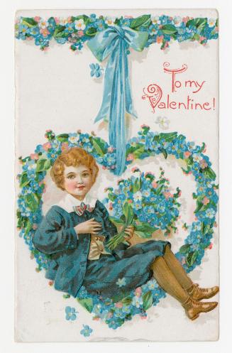 A boy dressed in blue holds a blue bouquet of flowers. He is framed by a blue heart made of flo ...