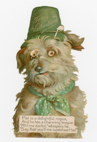 The card is cut to the shape of a dog's bust. The pictured dog has grey-brown fur and wears a g ...