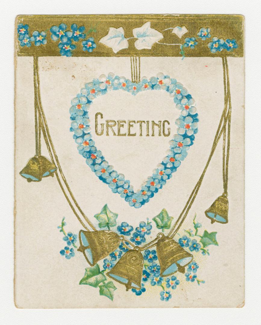 A small, rectangular card. A heart made of blue flowers is at the centre. Gold trim and blue fl ...