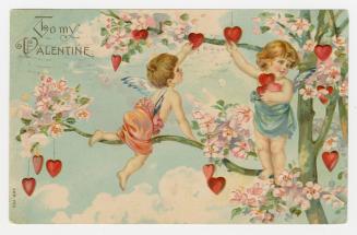Two cherubs gather hearts that are hanging off a tree with pink blossoms. Printed in Germany.