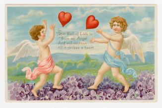 Two cherubs in a field of purple flowers toss a pair of hearts in the air between each other. A ...