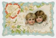 A decorative cut border travels all around the edges of the card. Centre right are two young ch ...