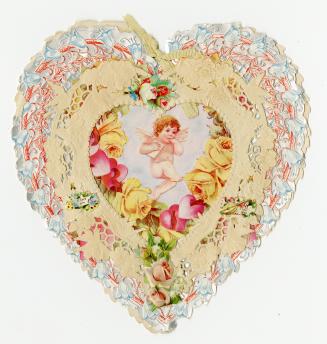 A heart-shaped, folded card with lace. The front pictures a cherub holding an envelope. The che ...