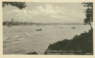 Sepia toned picture of a view of a waterway filled with motorboats, taken from the shoreline. R ...