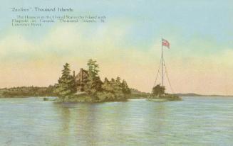 Colorized photograph of a view of a waterway, with a large summer resort on an island connected ...