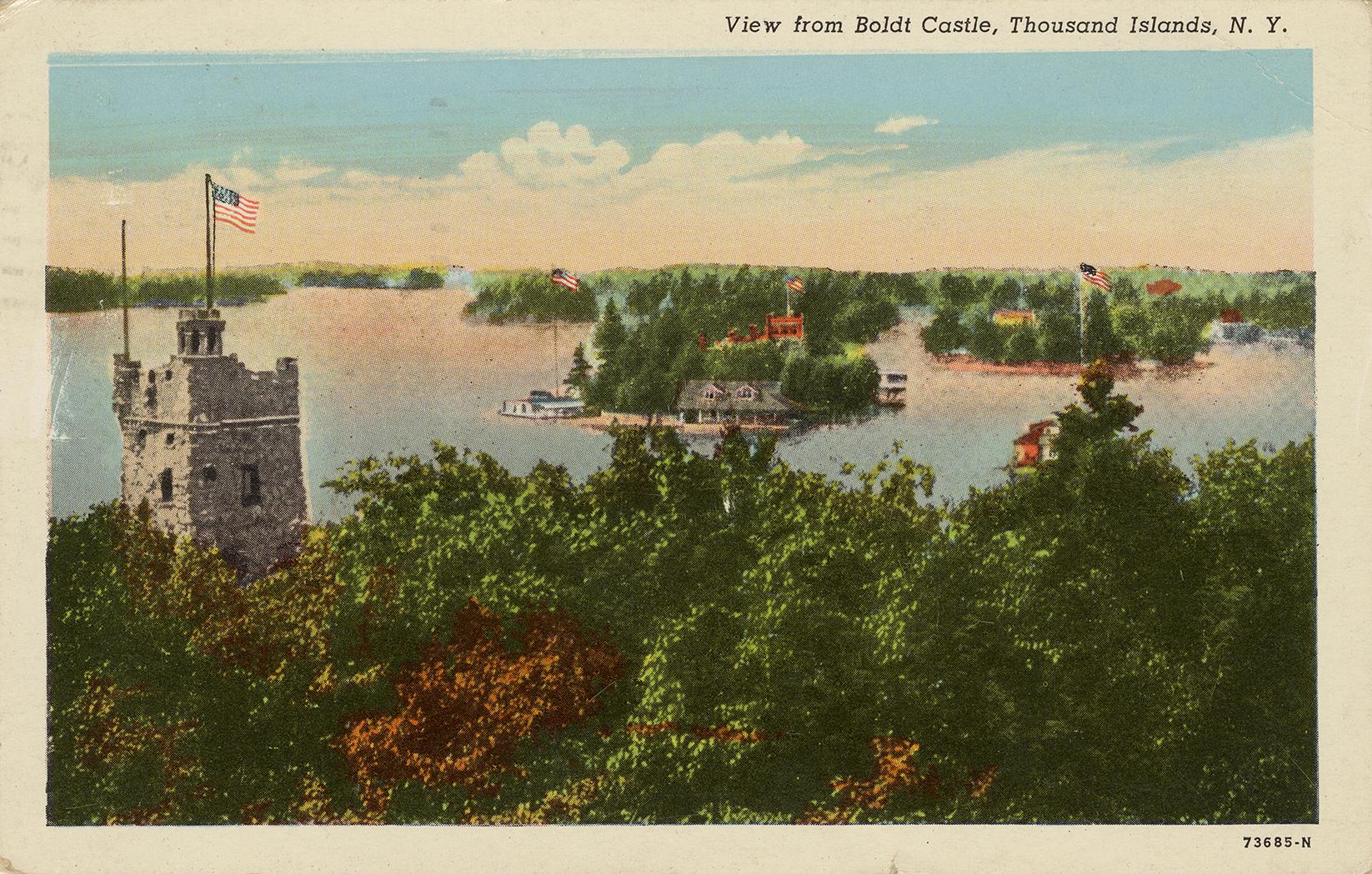 Colorized photograph of a large house on a island in the middle of a waterway. Turret of a ston ...