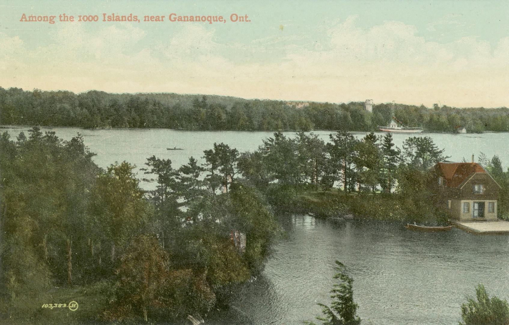 Colorized photograph of river. Islands are in the foreground, one with a boathouse on it.