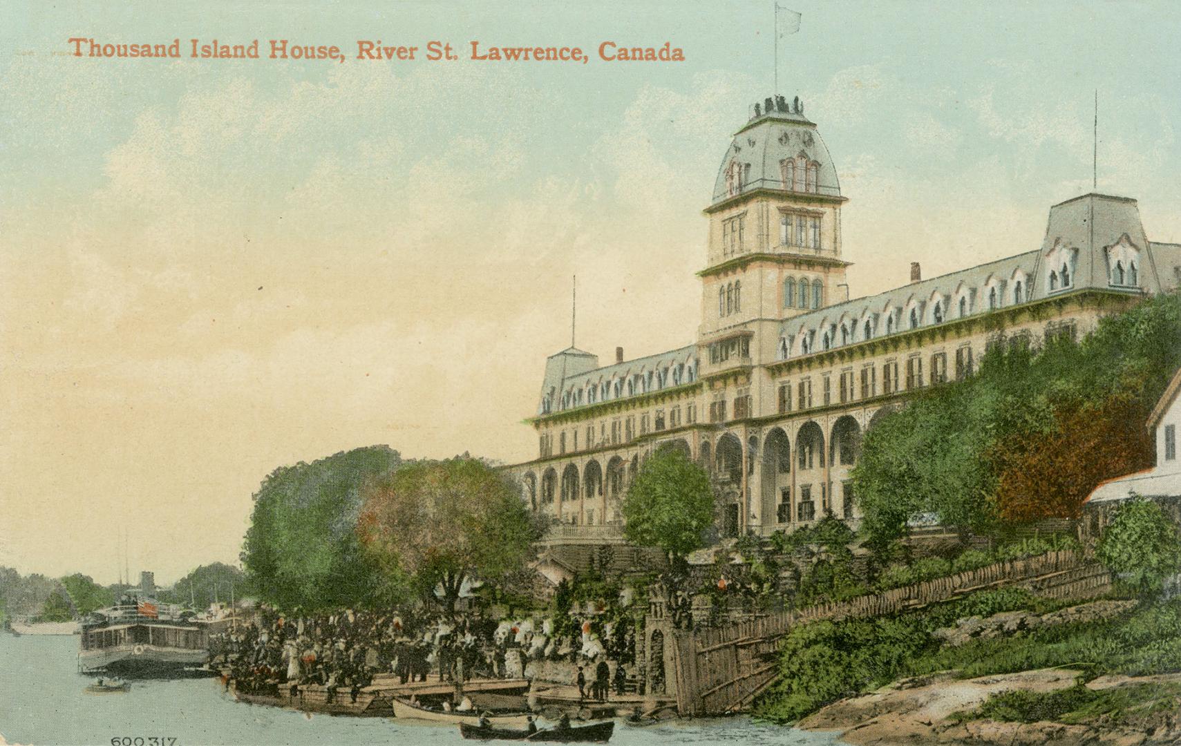 Colorized photograph of river. Islands are in the foreground, one with a boathouse on it.