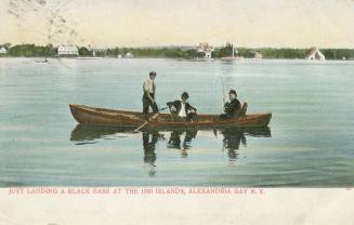Colorized photograph of three men in a boat fishing on a body of water with large homes on the  ...