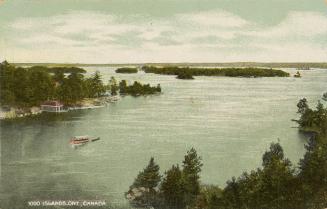 Colorized photograph of a steamboat on a large body of water with islands in the background.