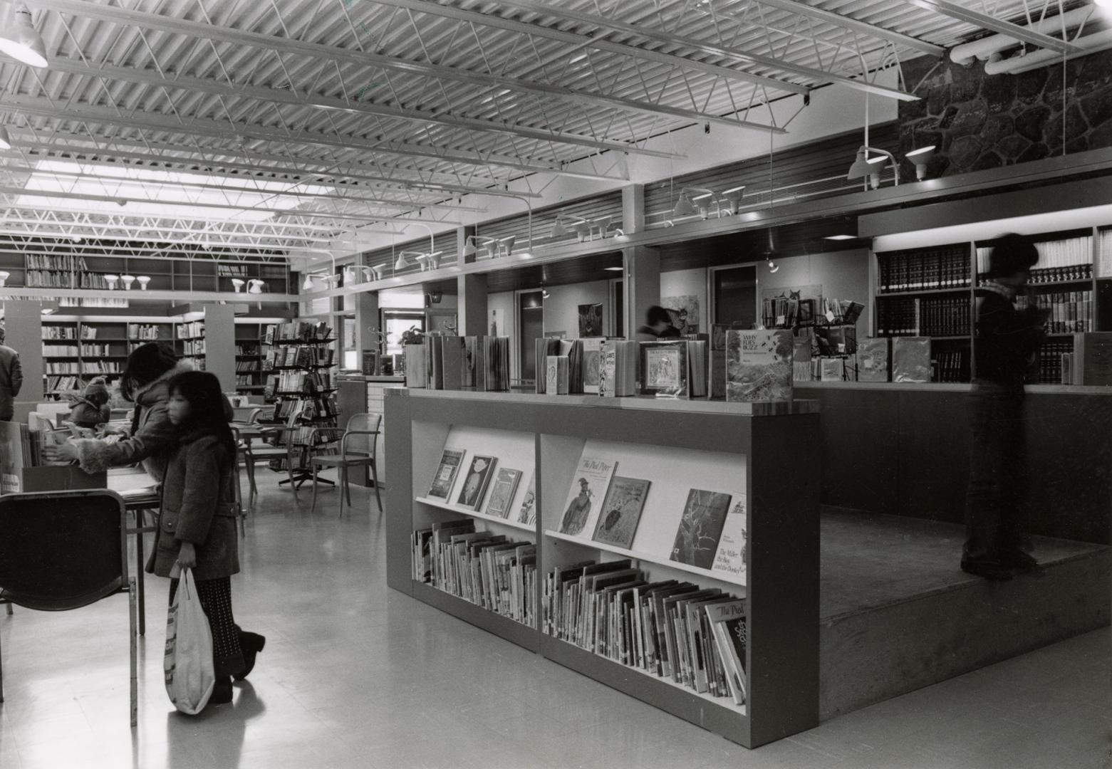 Picture of interior of library branch with shelves and people standing at desks. 
