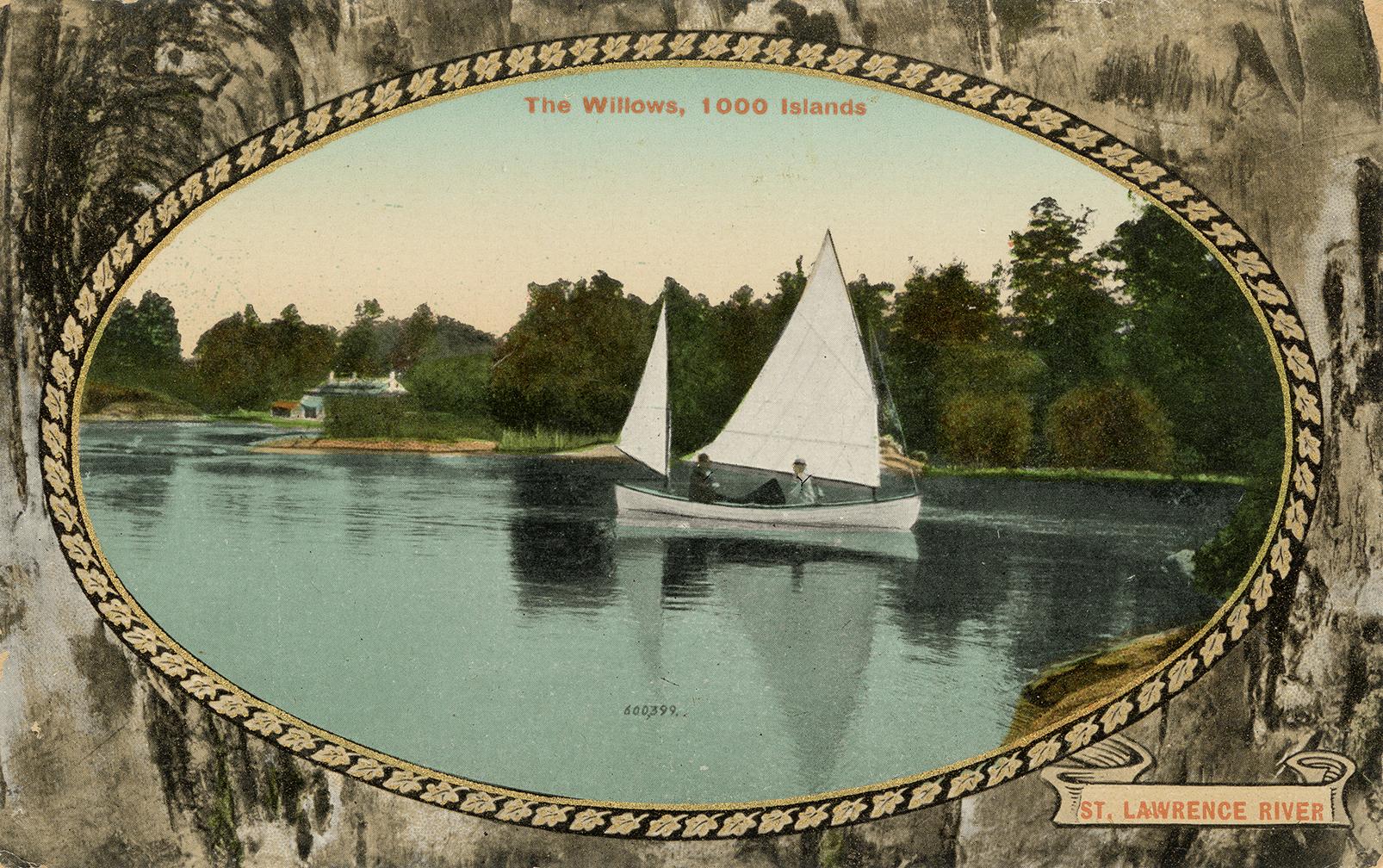 Colorized photograph of a man and a woman in a sailboat boat on a river banked by trees. Pictur ...