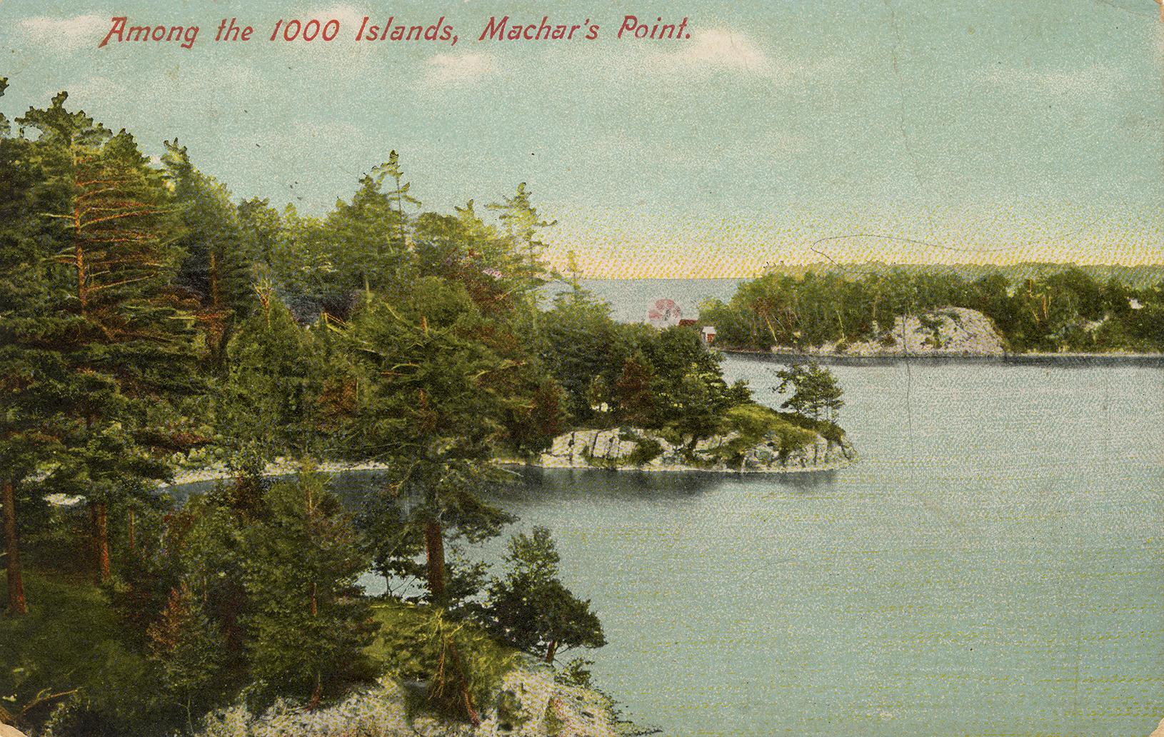 Colorized photograph of a body of water with wilderness surrounding it.