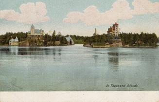 Colorized photograph of a body of water with wilderness surrounding it; forested islands with h ...